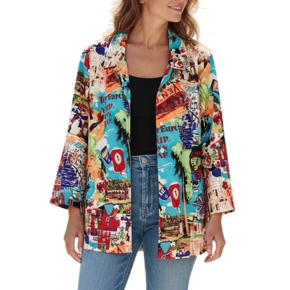 Vintage Travel Top Womens Large Multicolor Postcard Italy Arsty Eclectic‎ Bold